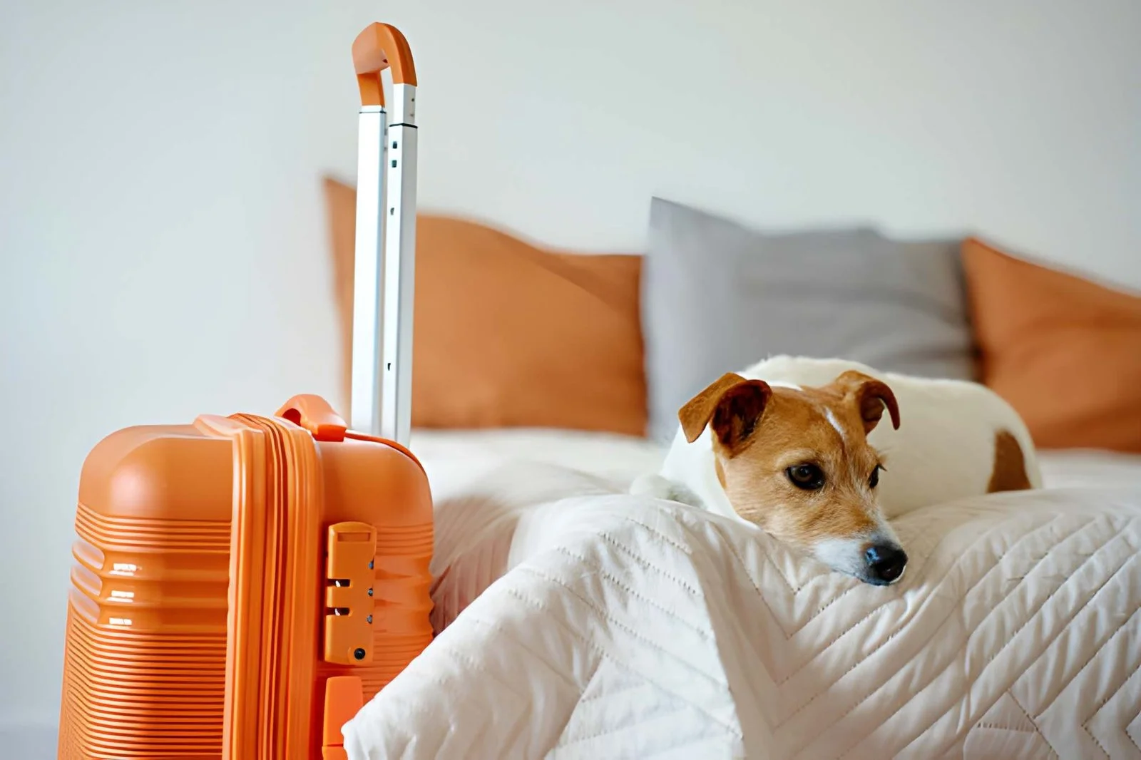 Un chien assis près d'une valise, dans l'attente d'être confié à une pension ou à un proche.