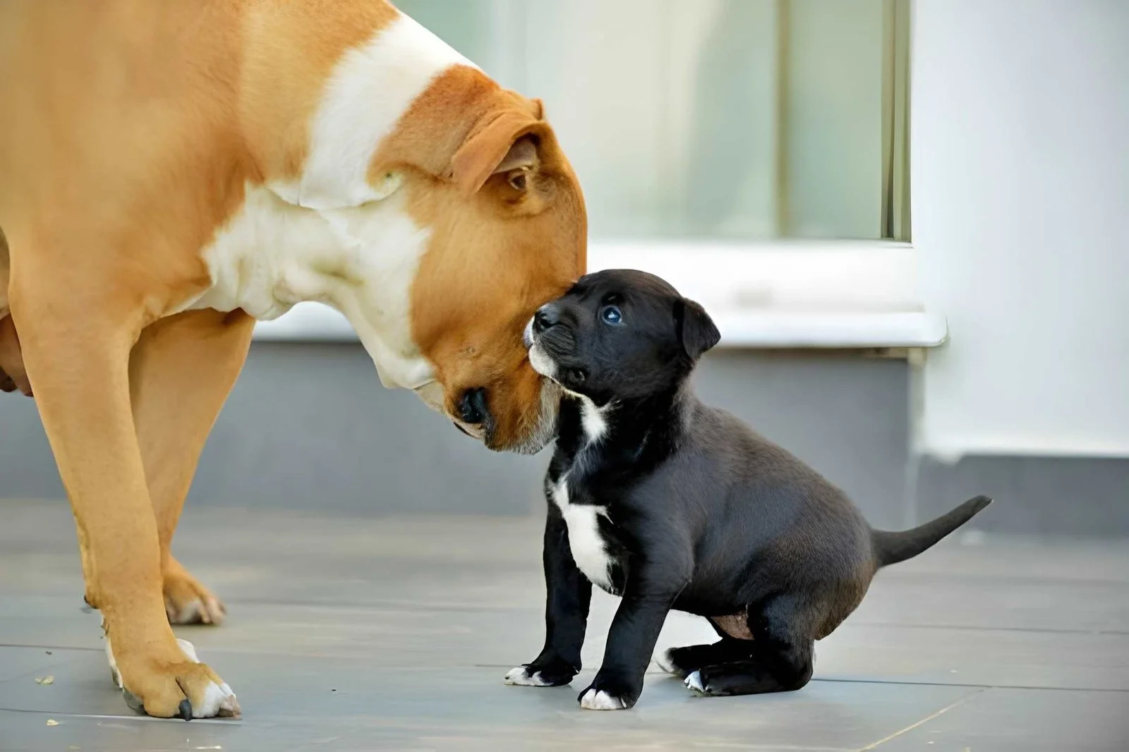 Un chien adulte léchant affectueusement un chiot.