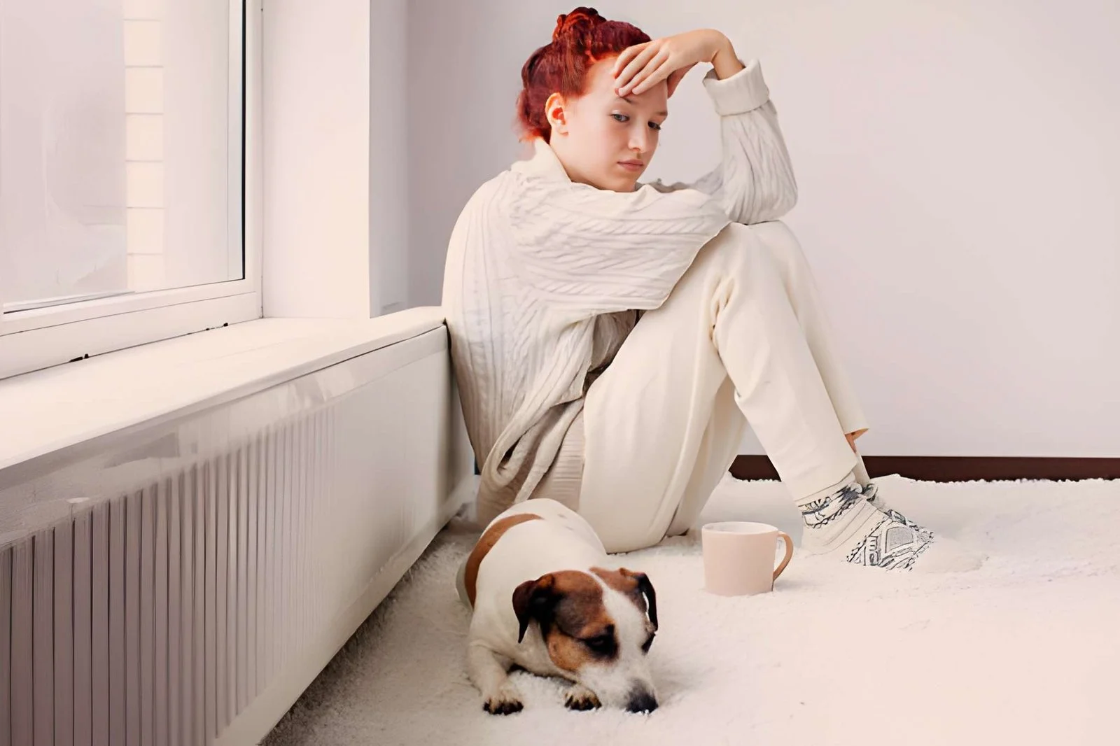 Une femme regarde pensivement un chien qu'elle vient d'adopter, assis à côté d'elle.