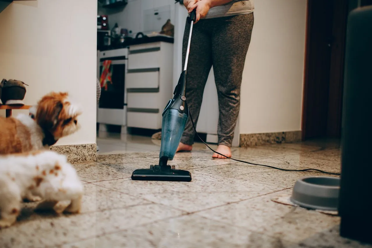Une femme passant l'aspirateur près de ses chiens, illustrant l'entretien que demande la vie avec un chien.