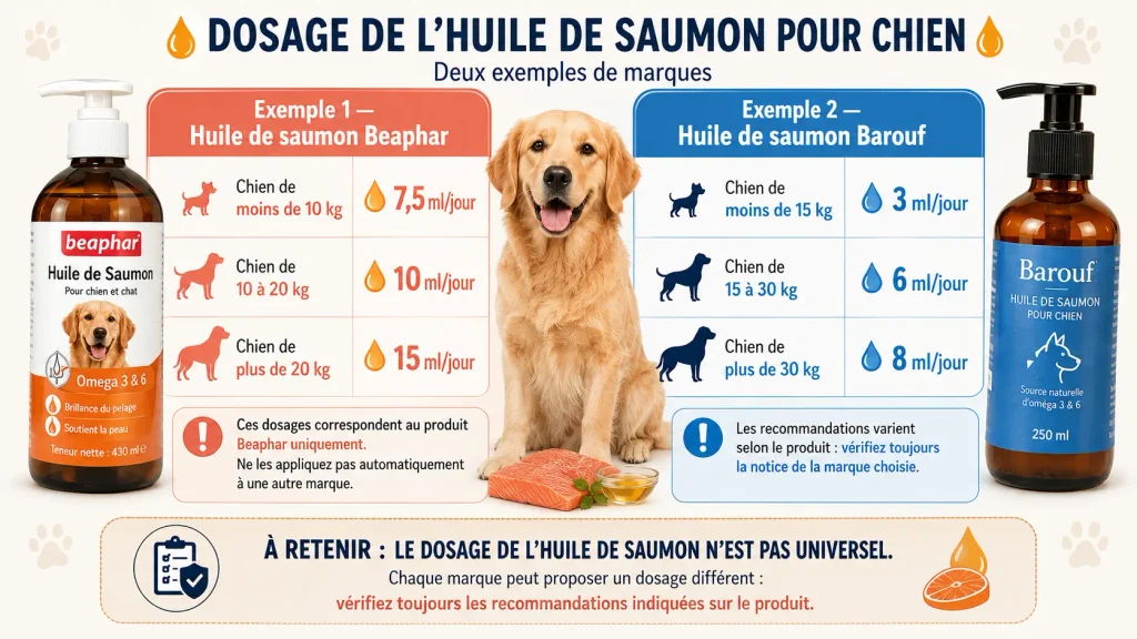 Dosage de l’huile de saumon pour chien : comparaison des doses recommandées par les marques Beaphar et Barouf selon le poids du chien.