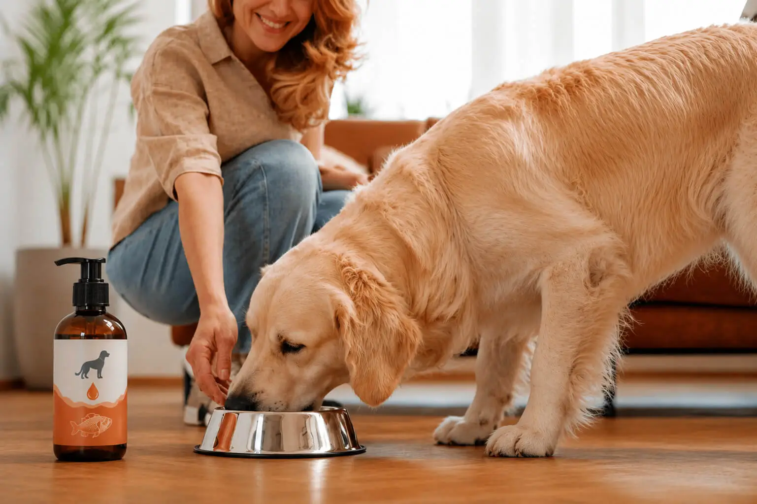 Chien mangeant les croquettes que son maître vient de lui servir, avec un flacon d’huile de saumon posé à côté de sa gamelle.
